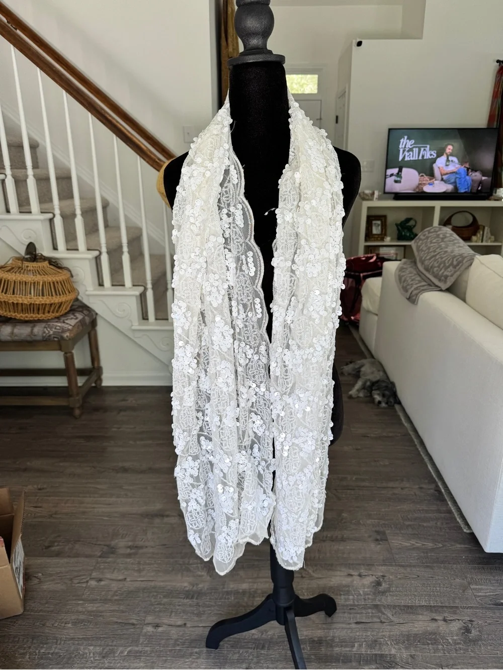 Capulet White Lace Decorative Scarf with Sequin Detail
